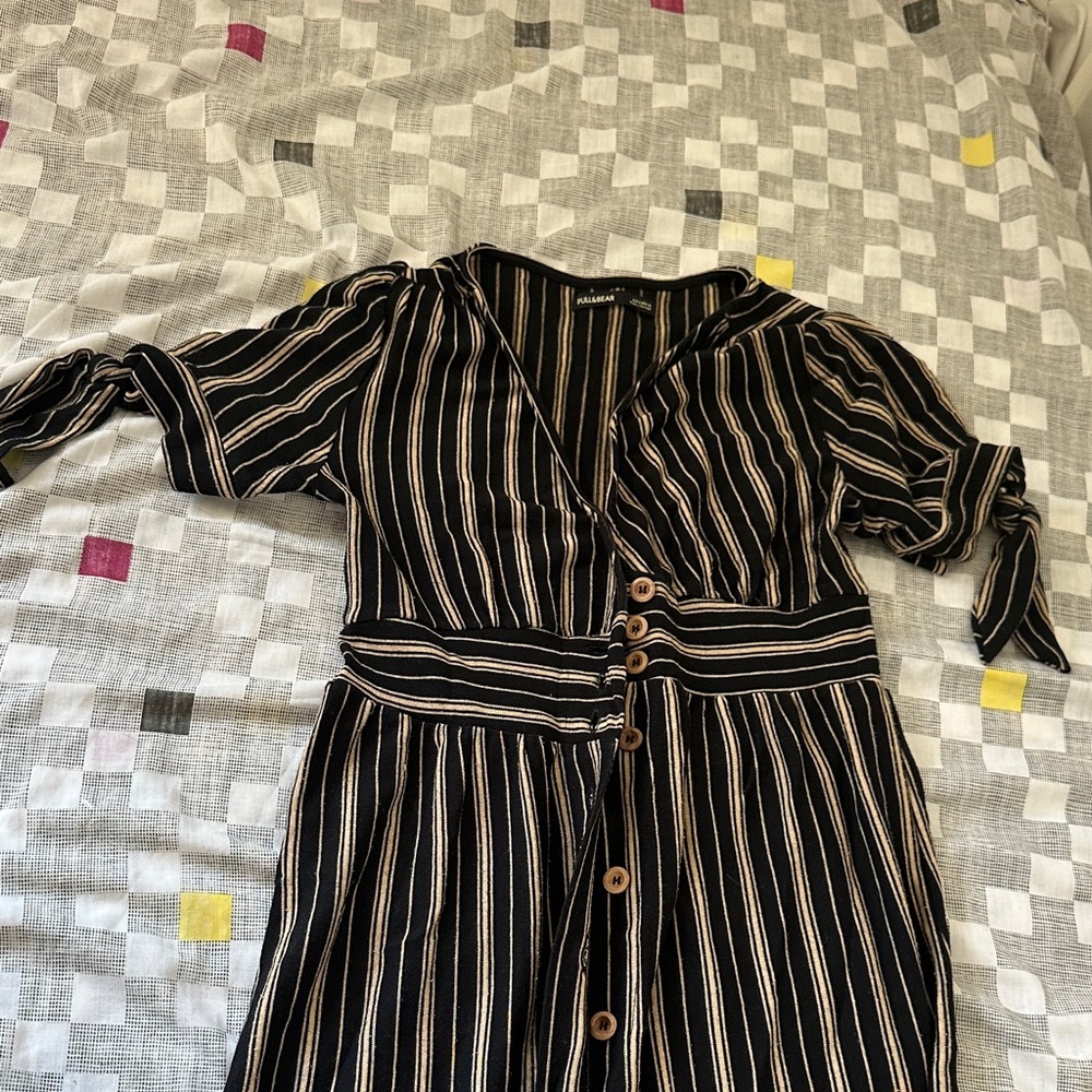 Pull&Bear Black and White Striped Long Sleeve Dress
